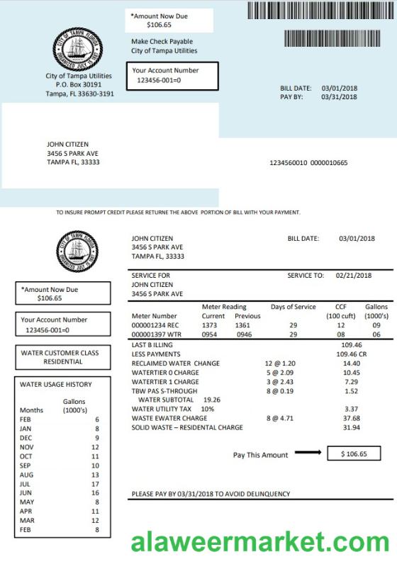USA Florida water utility bill template in Word and PDF format